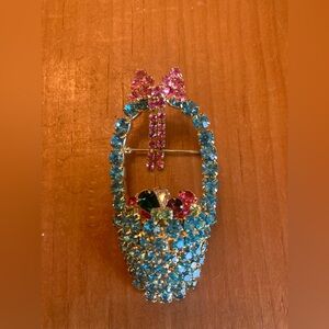 Sparkly Easter basket Brooch AQUA & PINK WITH pink bow and eggs. Fun gif…
